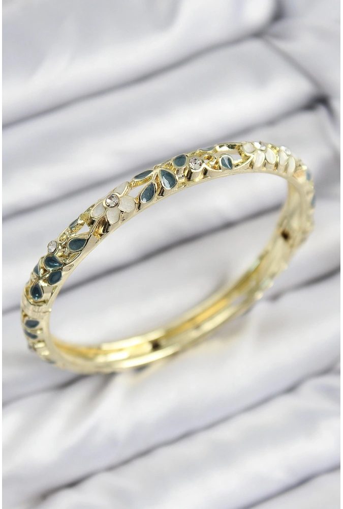 Shoecide Mineli Pirinç Zirkon Taşlı Yeşil Krem Çiçek Motifli Gold Kadın Kelepçe