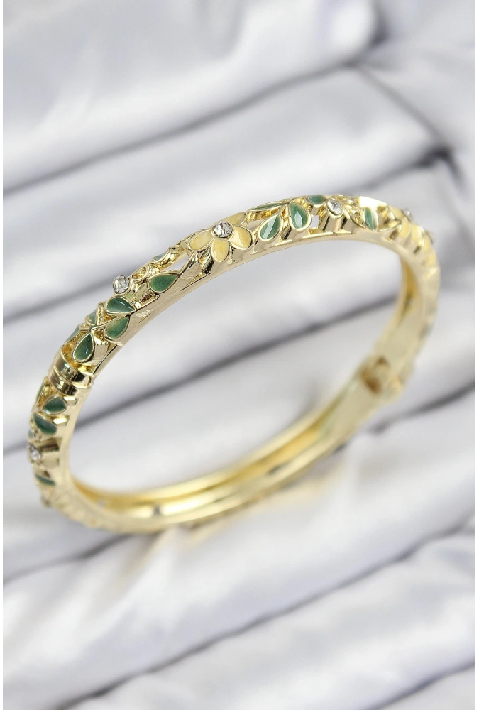 Shoecide Mineli Pirinç Zirkon Taşlı Yeşil Sarı Çiçek Motifli Gold Kadın Kelepçe