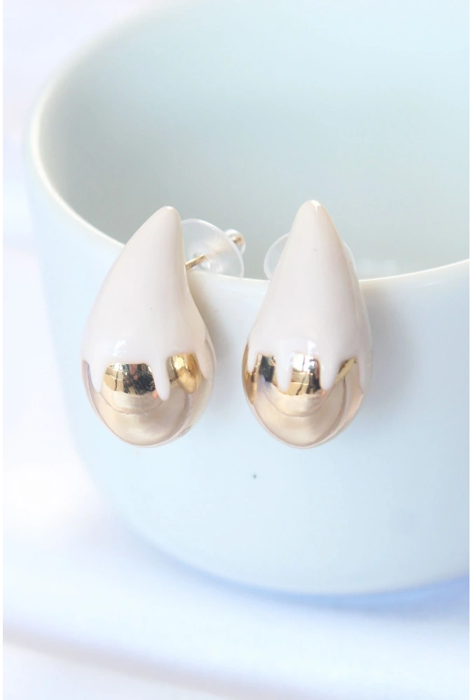 Shoecide Minimal Beyaz Mineli Çift Renk Damla Küpe