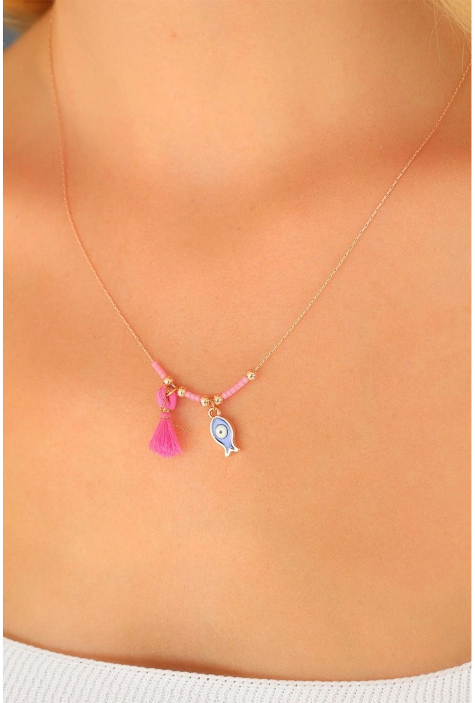 Shoecide Nazar Boncuklu Pembe Renk Taşlı Rose Bayan Kolye