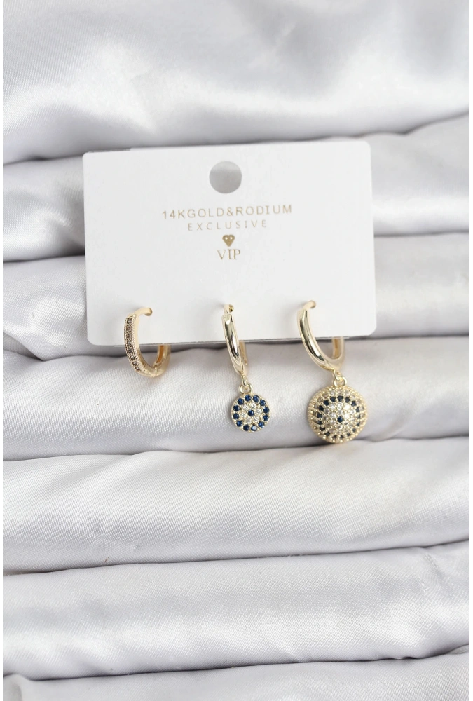 Shoecide Nazar Model Gold Renk Pirinç 3lü Kadın Küpe Seti