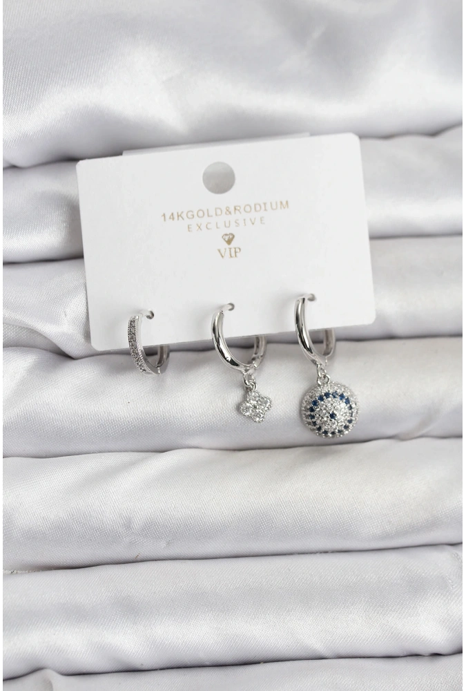 Shoecide Nazar Model Gümüş Renk Pirinç 3lü Kadın Küpe Seti