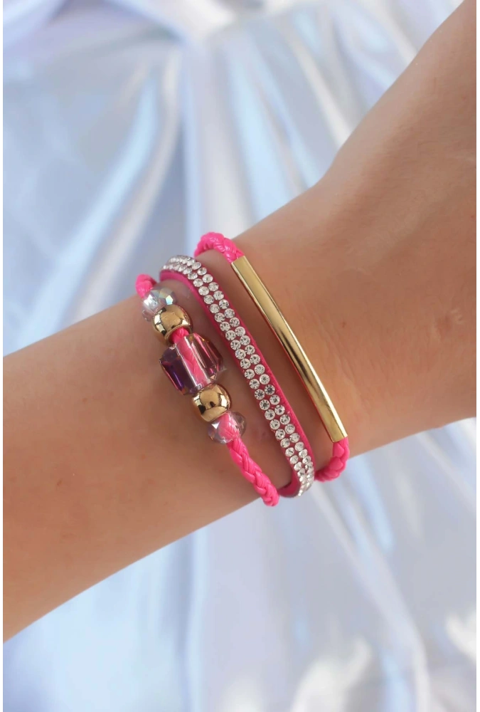 Shoecide Pembe Renk Zirkon Taşlı Deri Çoklu Bileklik
