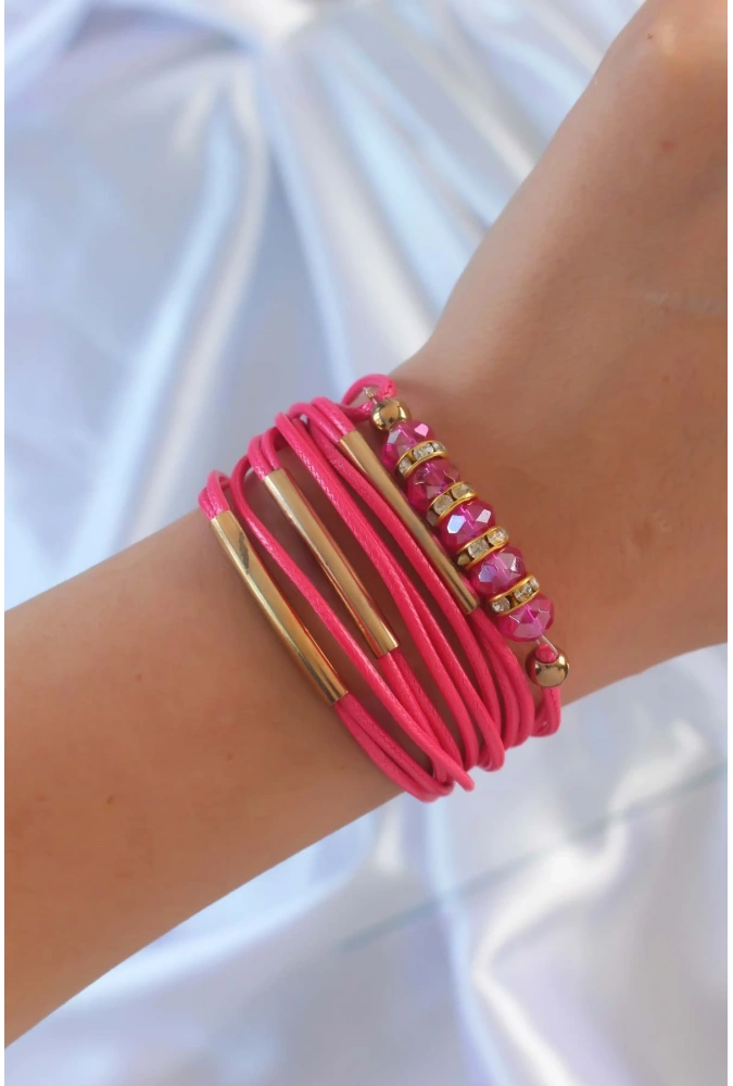 Shoecide Pembe Renk Zirkon Taşlı Metal Aksesuarlı İpli Çoklu Bileklik