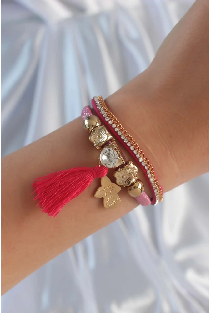 Shoecide Pembe Renk Zirkon Taşlı Püskül Detay Deri Çoklu Bileklik