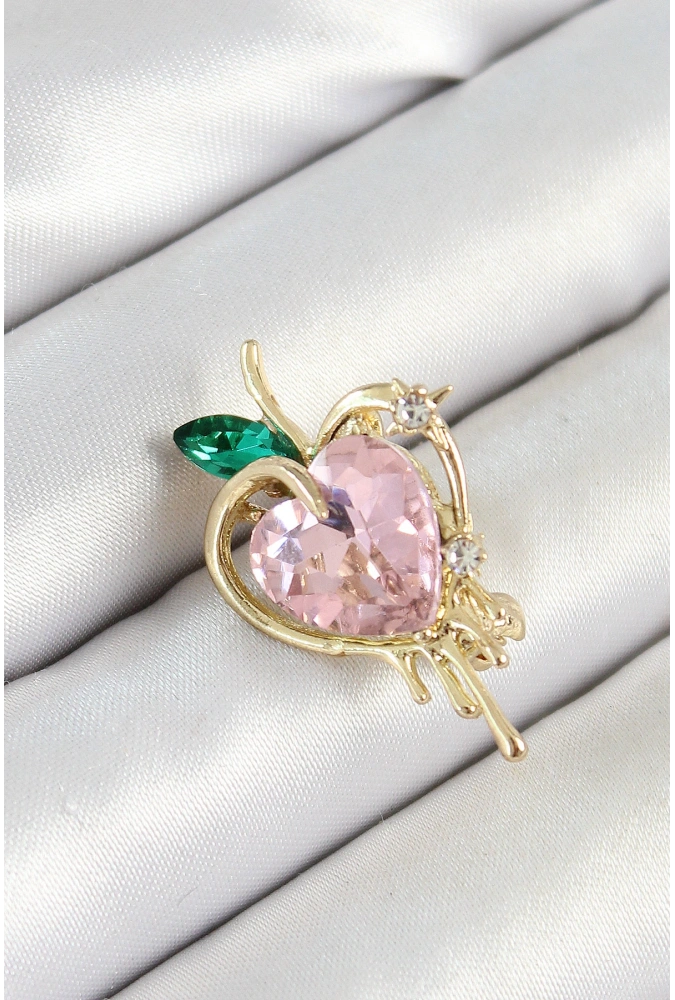 Shoecide Pembe Ve Yeşil Zirkon Taşlı 3d Eriyen Kalp Figürlü Gold Renk Kadın Broş