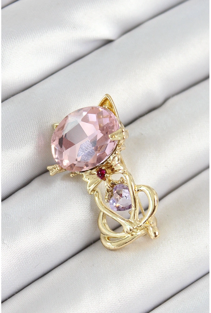 Shoecide Pembe Zirkon Taşlı Kap Detaylı Kedi Figürlü Gold Renk Kadın Broş