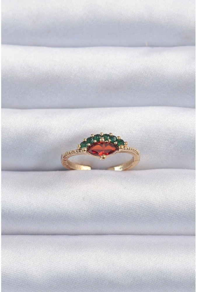 Shoecide Pirinç Altın Renk Renkli Zirkon Taşlı Ayarlanabilir Karpuz Model Yüzük