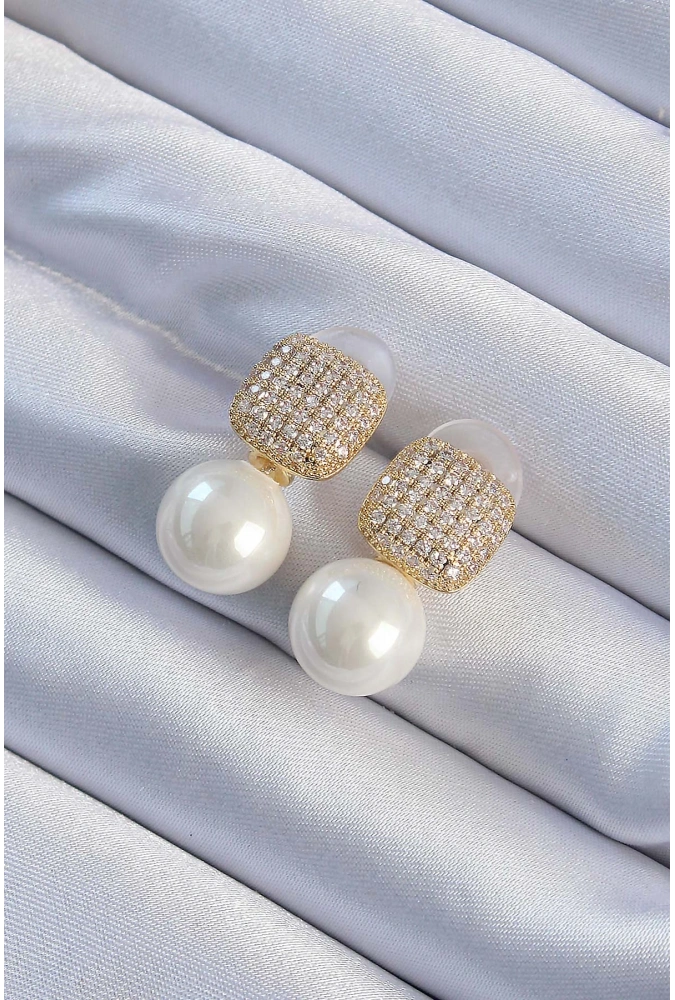 Shoecide Pirinç Altın Renk Zirkon Taşlı Kare Model İnci Tasarım Kadın Küpe