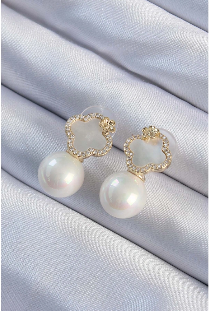 Shoecide Pirinç Altın Renk Zirkon Taşlı Minimal Çiçek Tasarımlı Kadın Küpe