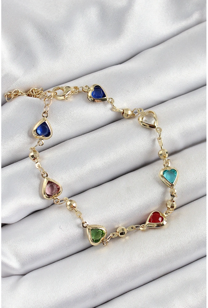 Shoecide Pirinç Asorti Kalp Model Gold Renk Zirkon Taşlı Kadın Bileklik