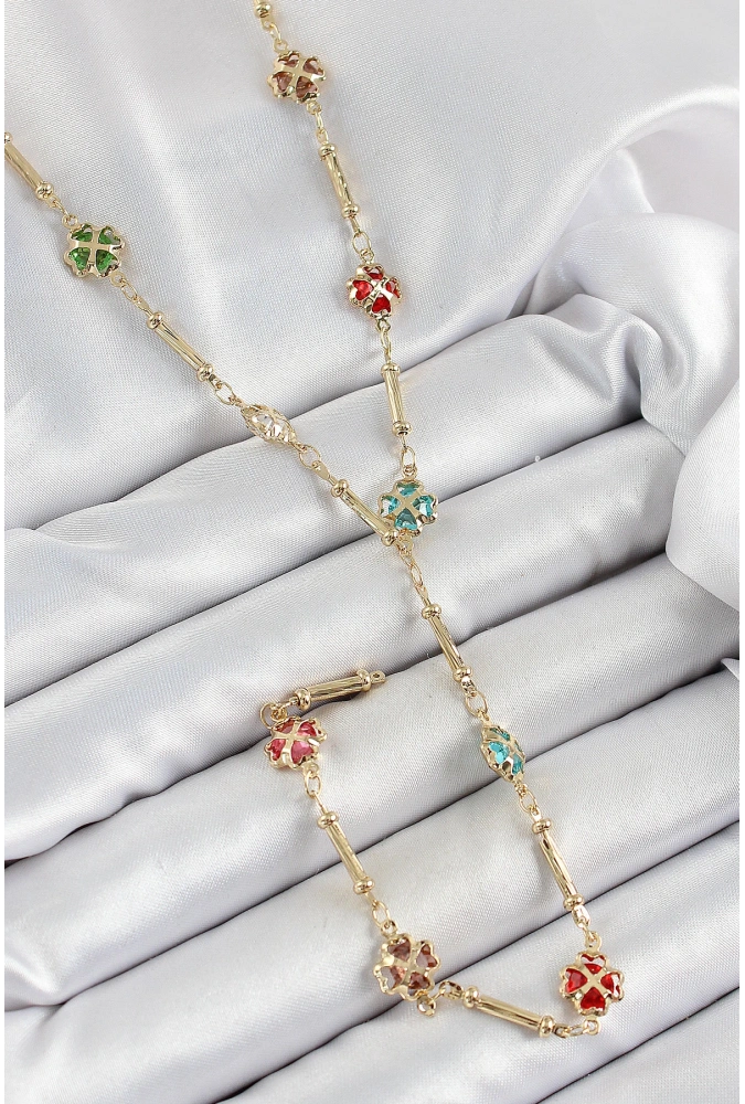 Shoecide Pirinç Asorti Kalpli Yonca Model Gold Renk Zirkon Taşlı Y Kolye