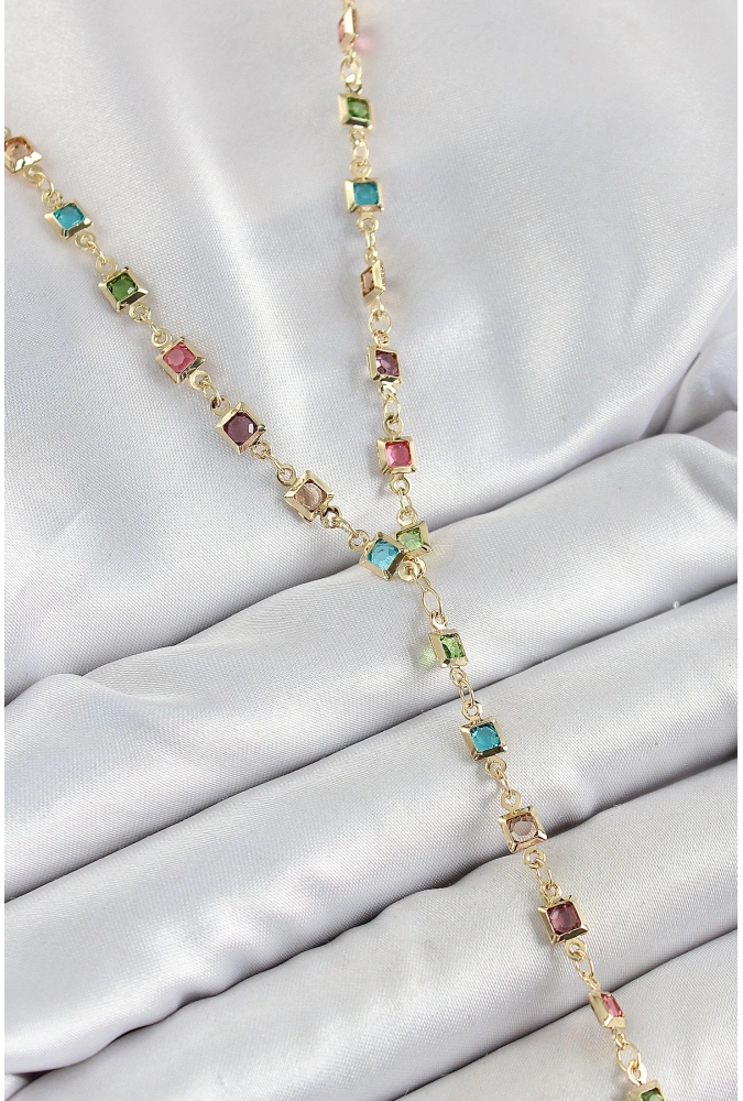 Shoecide Pirinç Asorti Kare Model Gold Renk Zirkon Taşlı Y Kolye