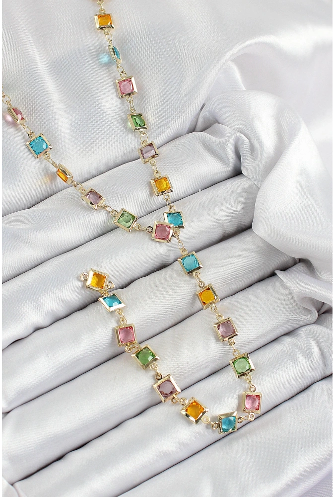 Shoecide Pirinç Asorti Kare Model Gold Renk Zirkon Taşlı Y Kolye