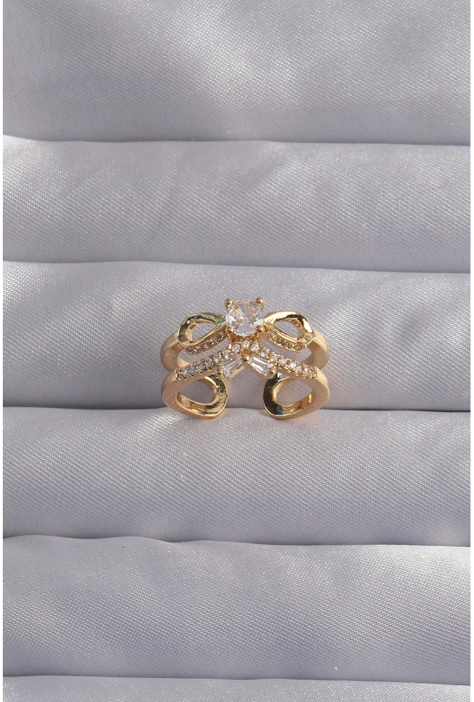 Shoecide Pirinç Ayarlamalı Gold Renk Zirkon Taşlı 2li Görünüm Fiyonk Yüzük