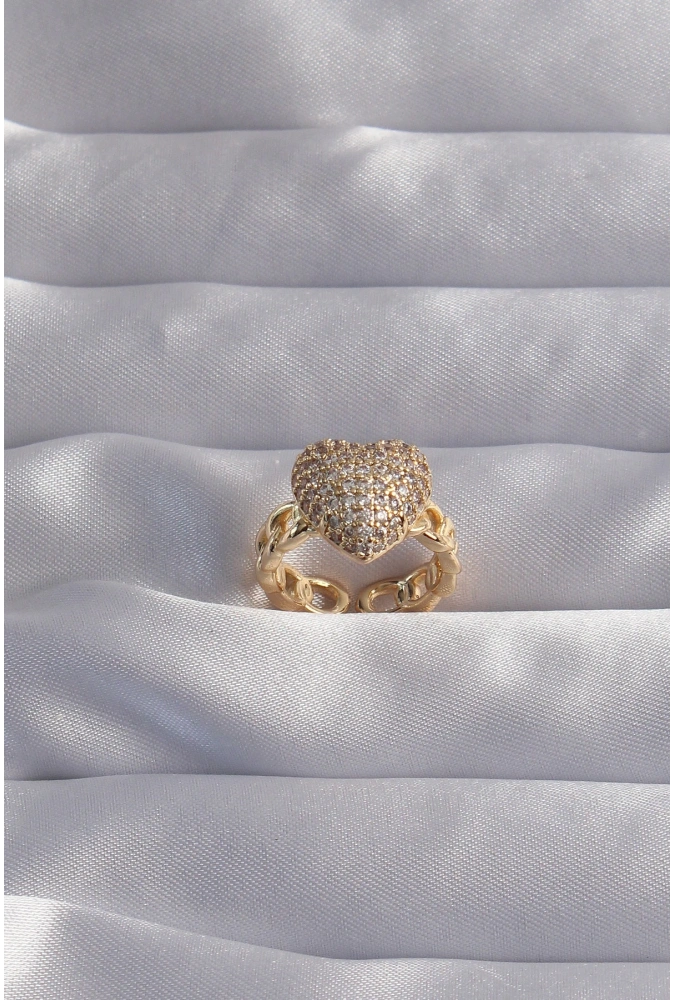 Shoecide Pirinç Ayarlamalı Gold Renk Zirkon Taşlı Bombeli Kalp Yüzük