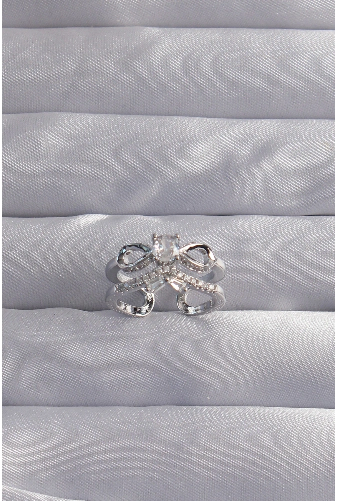 Shoecide Pirinç Ayarlamalı Gümüş Renk Zirkon Taşlı 2li Görünüm Fiyonk Yüzük