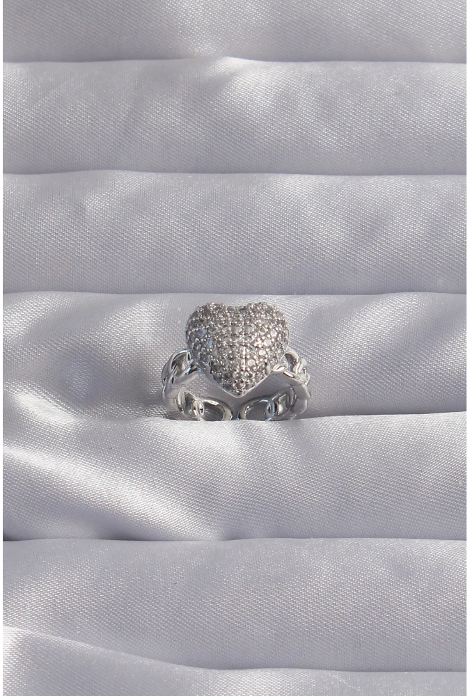 Shoecide Pirinç Ayarlamalı Gümüş Renk Zirkon Taşlı Bombeli Kalp Yüzük