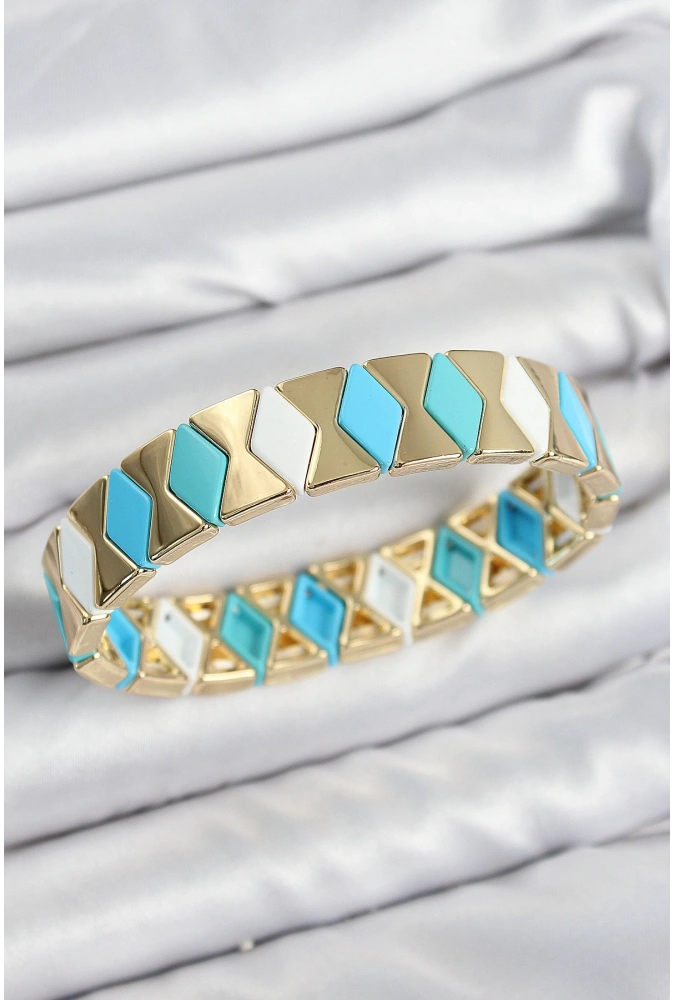 Shoecide Pirinç Baklava Desenli Mavi Beyaz Gold Renk Lastikli Kadın Bileklik