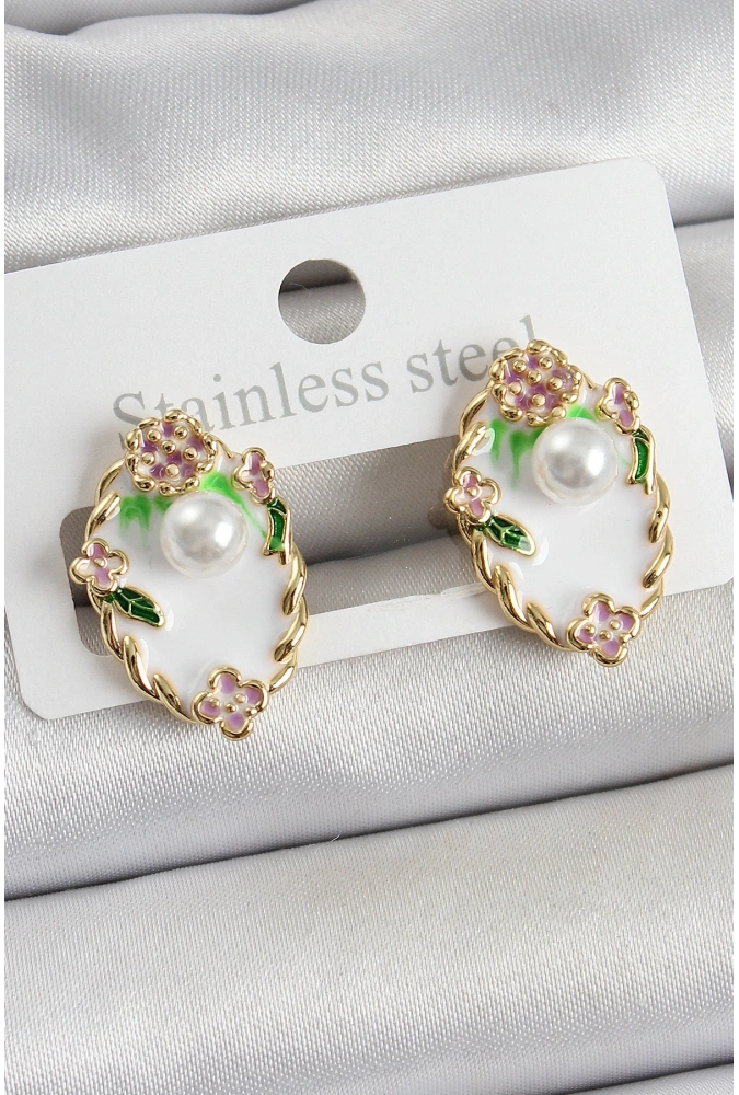 Shoecide Pirinç Beyaz Mineli İnci Detaylı Sanatsal Portre Model Gold Renk Kadın Küpe