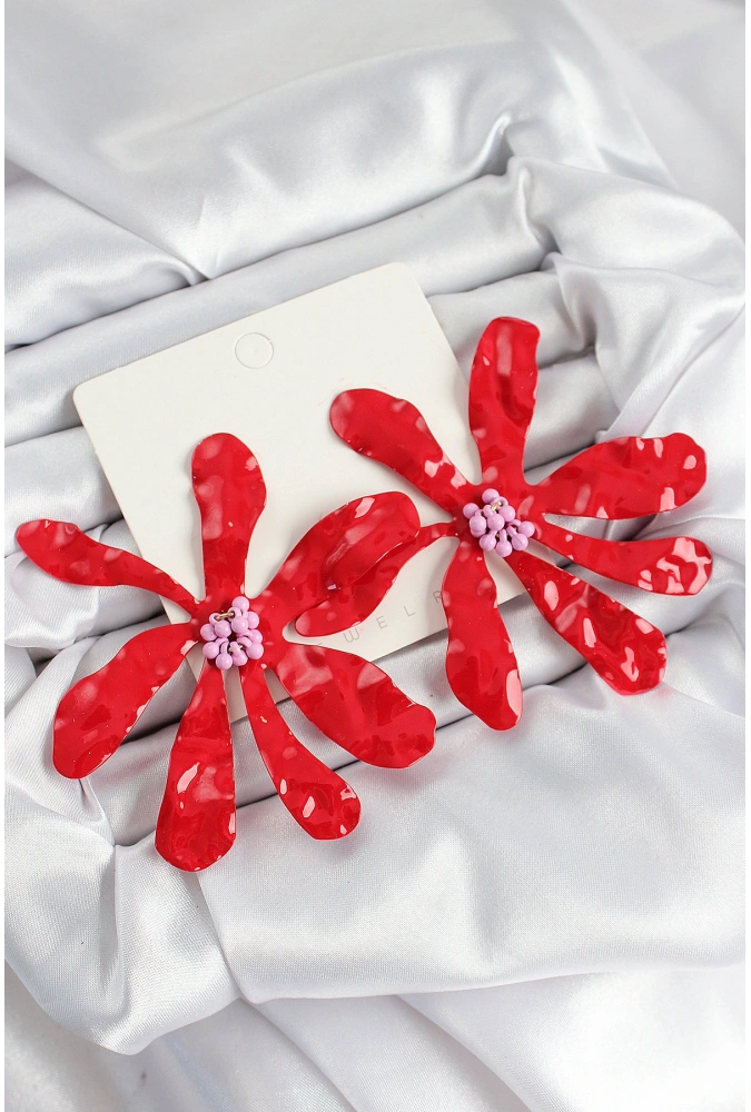 Shoecide Pirinç Büyük Kırmızı Çiçek Model Kadın Küpe