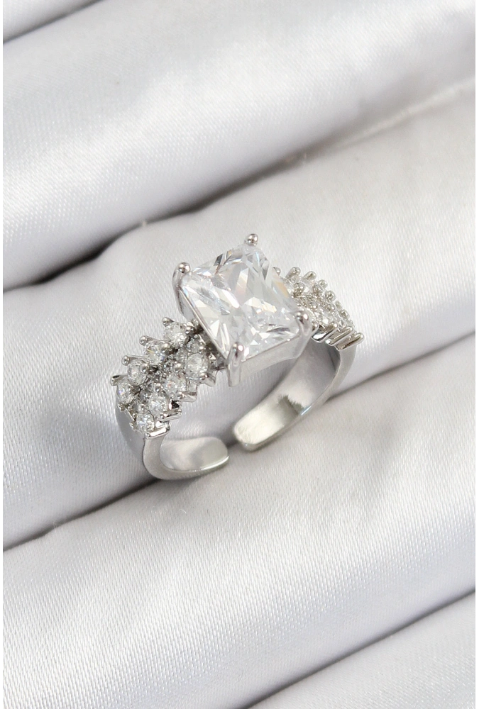 Shoecide Pirinç  Büyük Zirkon Taşlı Model Gümüş Renk Kadın Yüzük