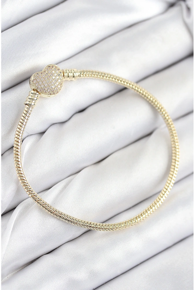 Shoecide Pirinç Charm Zirkon Taşlı Kalp Model Gold Renk Kadın Bileklik