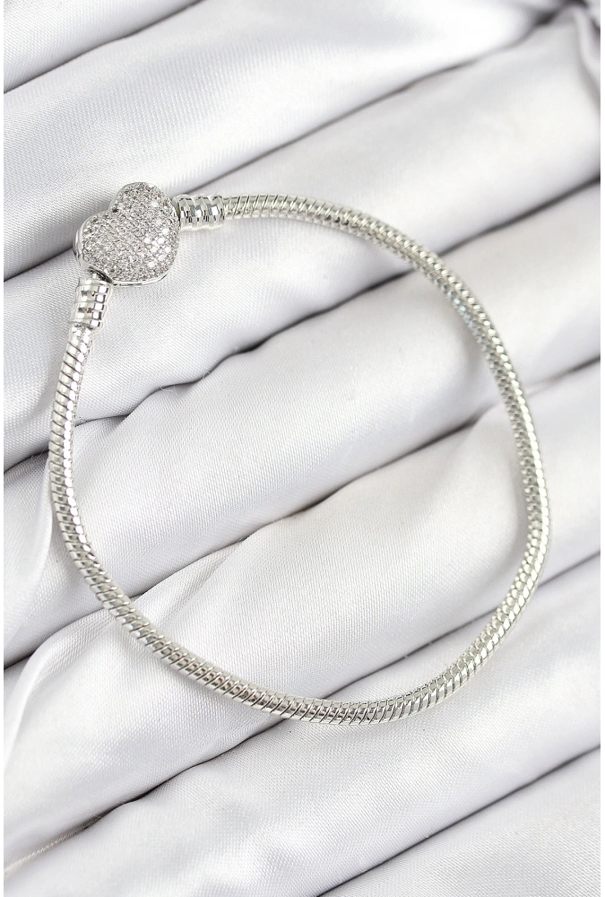 Shoecide Pirinç Charm Zirkon Taşlı Kalp Model Gümüş Renk Kadın Bileklik