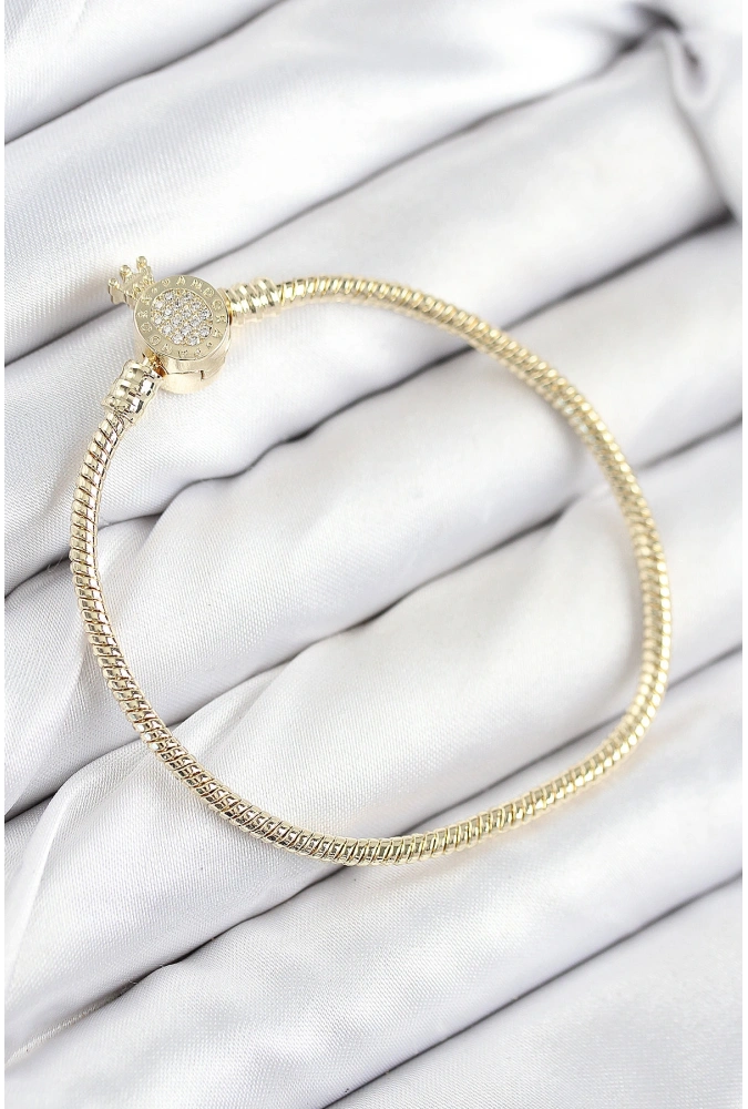 Shoecide Pirinç Charm Zirkon Taşlı Taç Model Gold Renk Kadın Bileklik