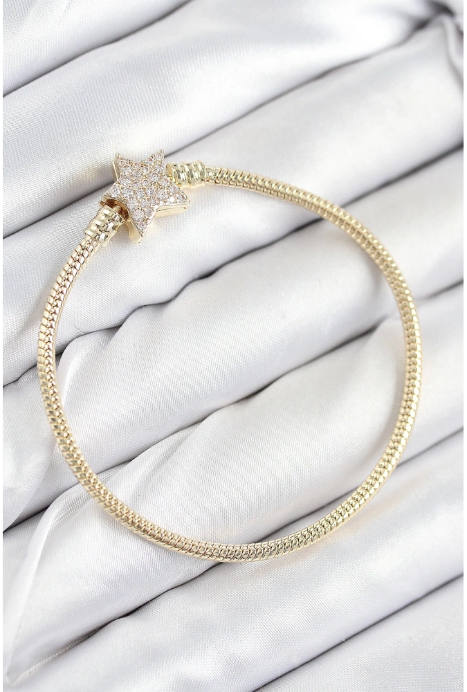 Shoecide Pirinç Charm Zirkon Taşlı Yıldız Model Gold Renk Kadın Bileklik