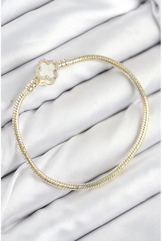 Shoecide Pirinç Charm Zirkon Taşlı Yonca Model Gold Renk Kadın Bileklik