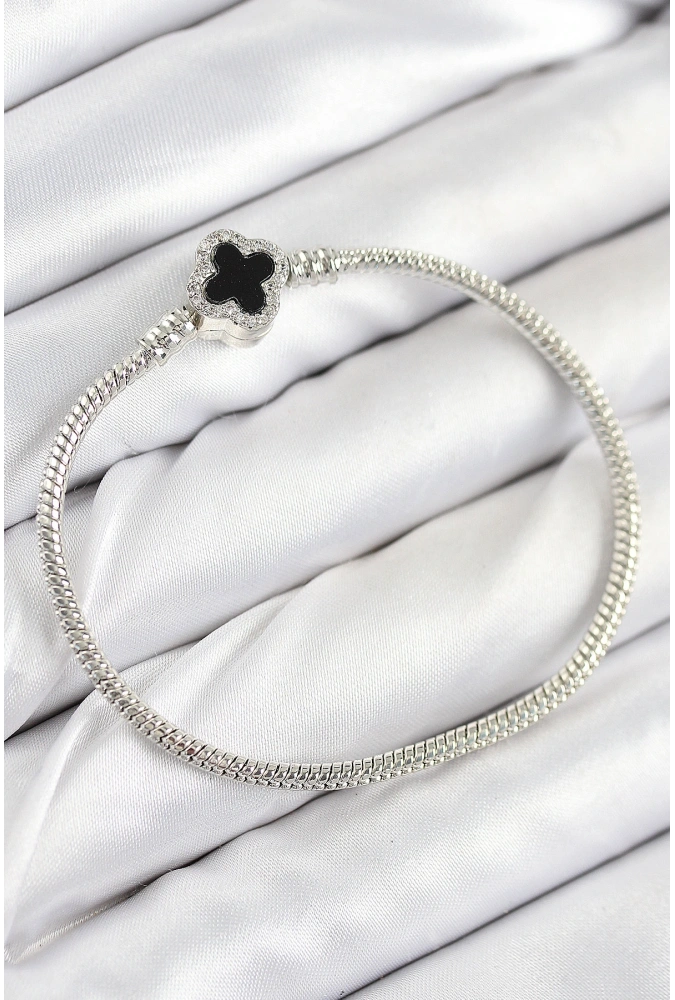 Shoecide Pirinç Charm Zirkon Taşlı Yonca Model Gümüş Renk Kadın Bileklik