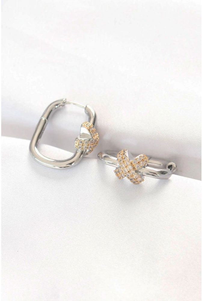 Shoecide Pirinç Çift Renk Taşlı X Tasarımlı Dikdörtgen Küpe