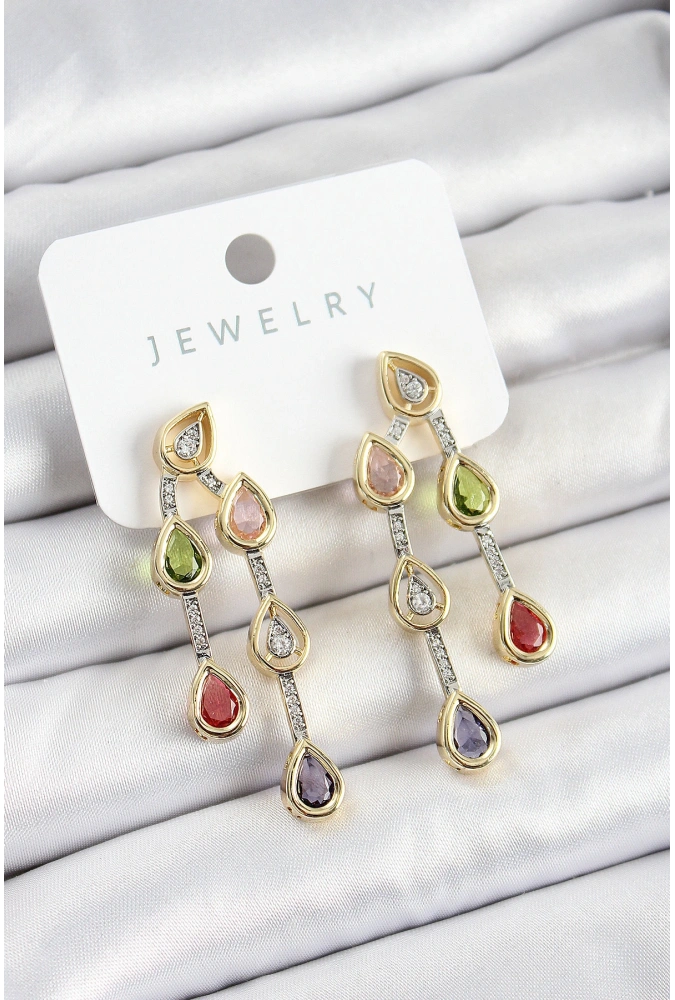 Shoecide Pirinç Çoklu Damla Model Karşık Zirkon Taşlı Gold Ve Gümüş Renk Kadın Küpe