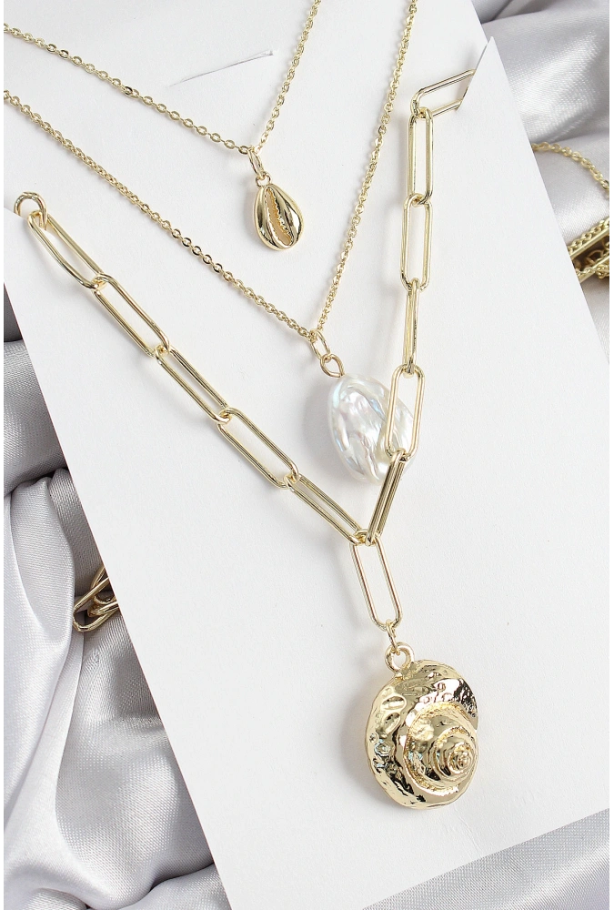 Shoecide Pirinç Çoklu Zincirli İncili Deniz Kabuğu Model Gold Renk Kadın Kolye