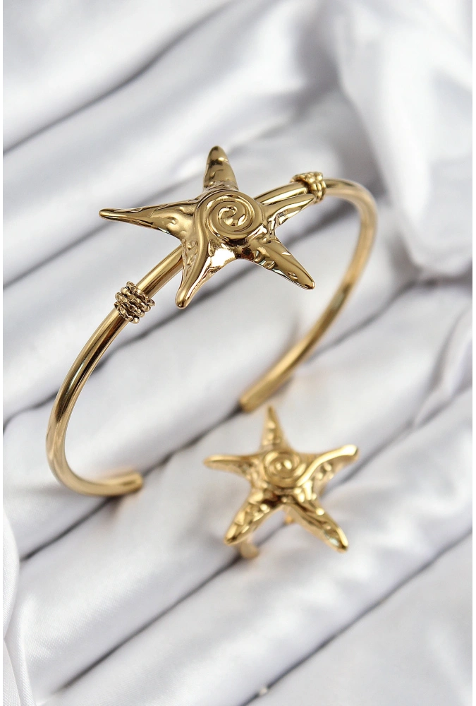 Shoecide Pirinç Deniz Yıldızı Model Gold Renk Bileklik Yüzük Set