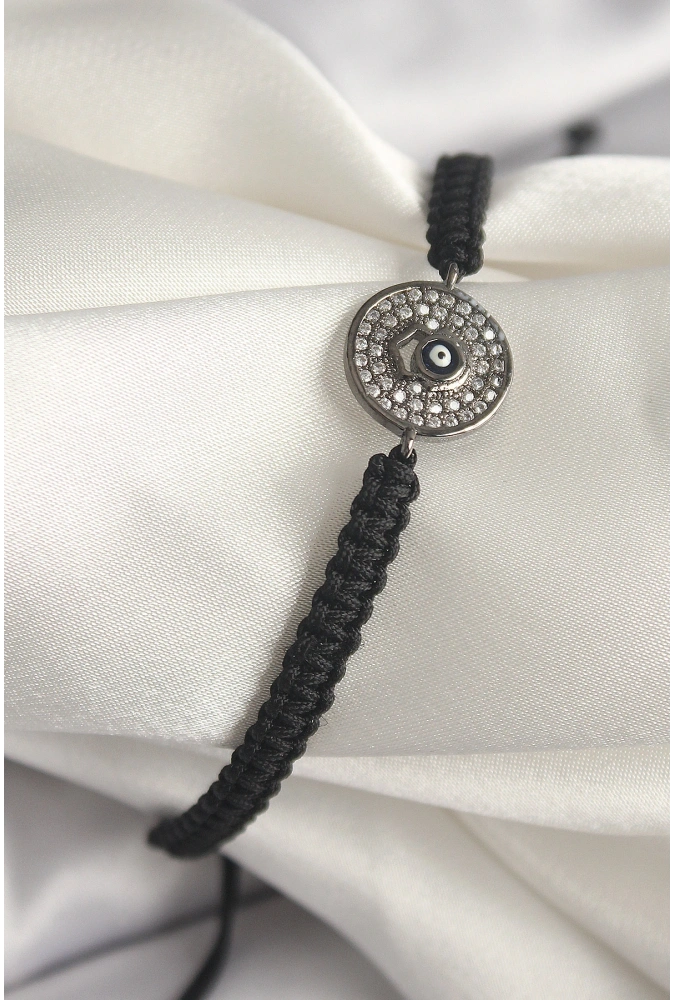 Shoecide Pirinç Füme Renk Zirkon Taşlı Nazar Boncuk İşleme Makrome Asansörlü Model Kadın Bileklik