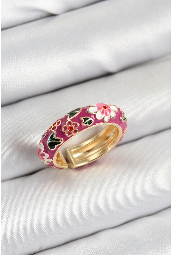 Shoecide Pirinç Fuşya Mineli Çiçek Motifli Gold Renk Ayarlanabilir Kadın Yüzük