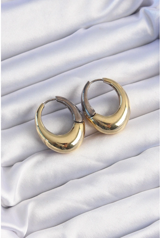 Shoecide Pirinç Gold Gümüş Renkli Oval Bombeli Küpe