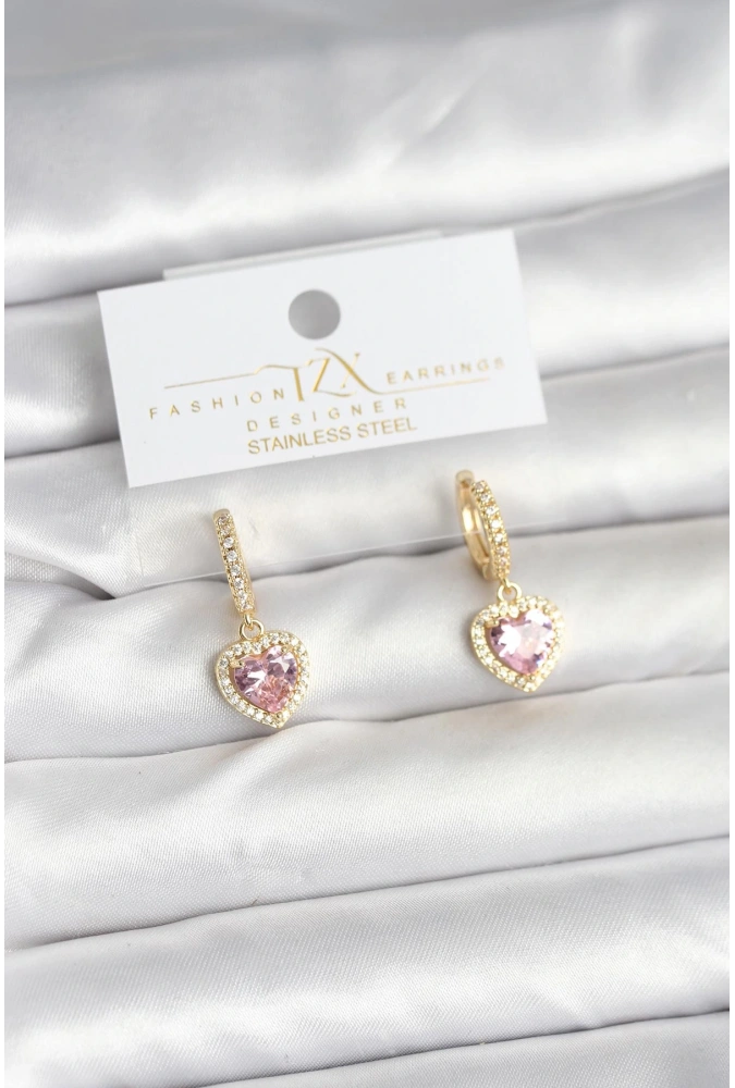 Shoecide Pirinç Gold Pembe Renk Zirkon Taşlı Kalp Model Kadın Küpe