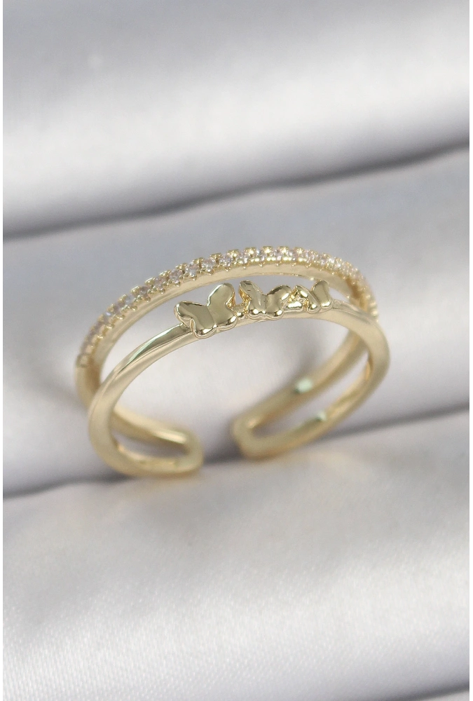 Shoecide Pirinç Gold Renk 2li Sıra Zirkon Taş Detaylı Kelebek Figürlü Ayarlanabilir Model Kadın Yüzük