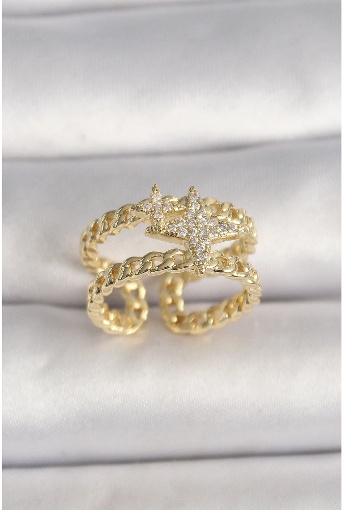 Shoecide Pirinç Gold Renk 2li Zincir Zirkon Taşlı Yıldız Figür Kadın Yüzük