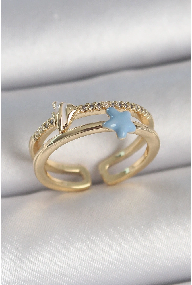 Shoecide Pirinç Gold Renk 2li Zirkon Taşlı Mavi Yıldız Figür Ayarlanabilir Kadın Yüzük