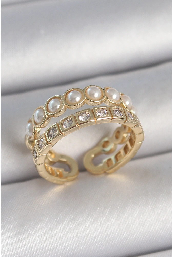 Shoecide Pirinç Gold Renk 2li Zirkon Taşlı Ve İncili Ayarlanabilir Kadın Yüzük