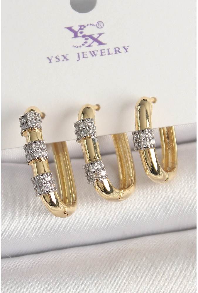 Shoecide Pirinç Gold Renk 3lü Halka Model Gümüş Zirkon Taş Detaylı Kadın Kombin Küpe