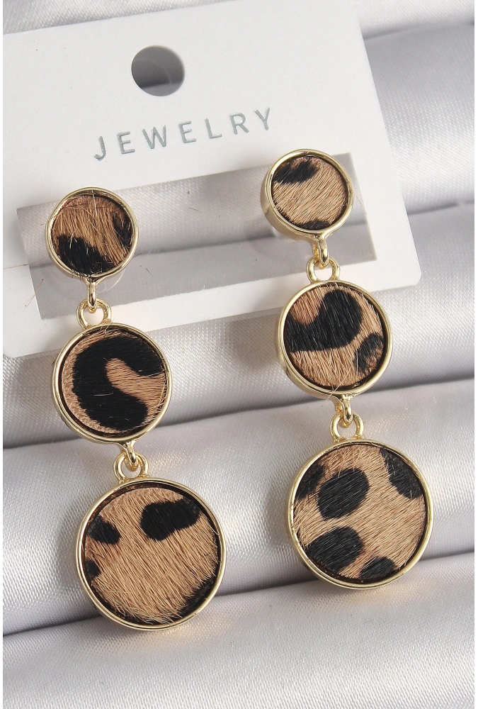 Shoecide Pirinç Gold Renk 3lü Leopar Desenli Sallantı Daire Plaka Model Kadın Küpe