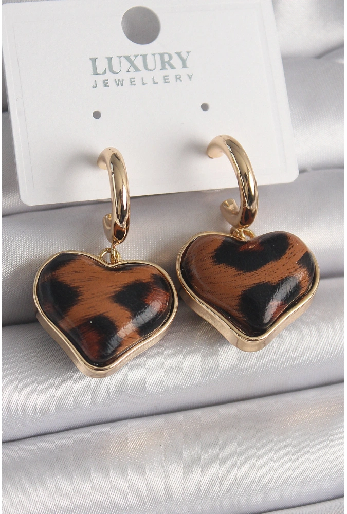 Shoecide Pirinç Gold Renk 3d Kalp Leopar Desen Model Kadın Küpe