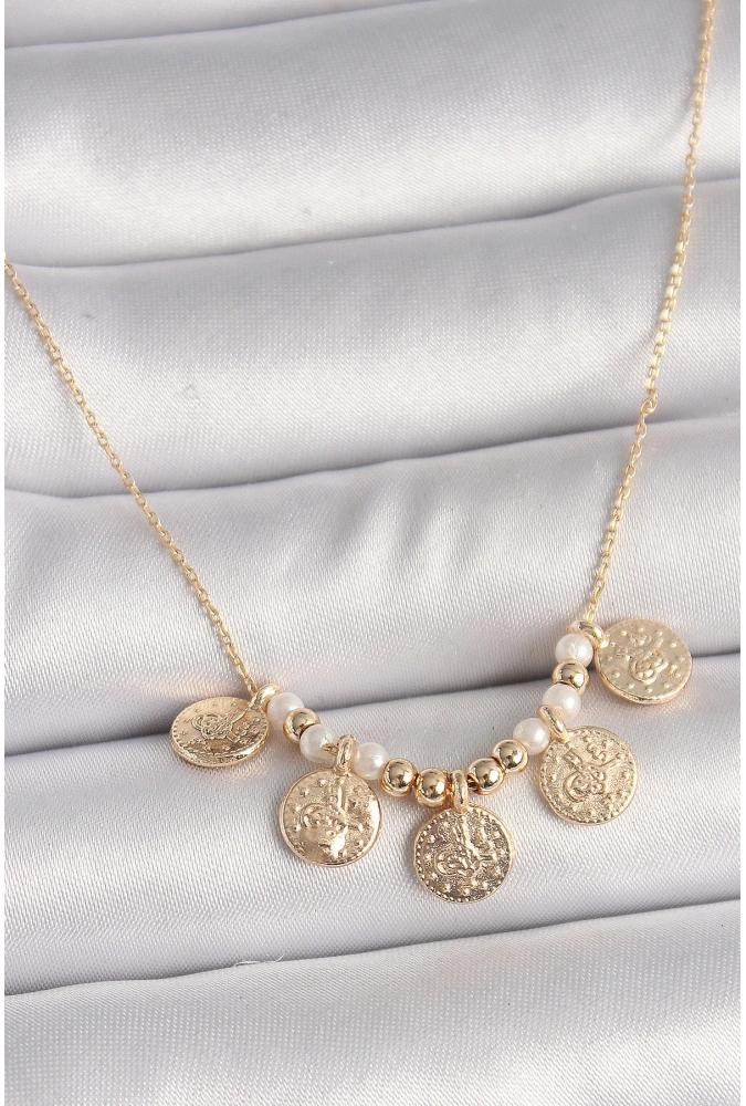 Shoecide Pirinç Gold Renk 5li Osmanlı Tuğra Figür İnci Detay Kadın Kolye