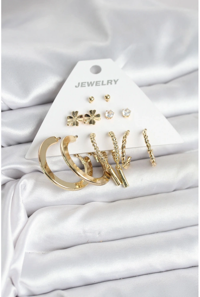 Shoecide Pirinç Gold Renk 6 Çift Kadın Küpe Seti