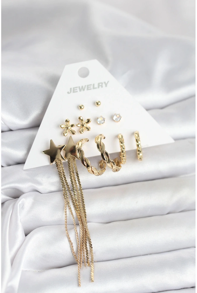 Shoecide Pirinç Gold Renk 6 Çift Kadın Küpe Seti